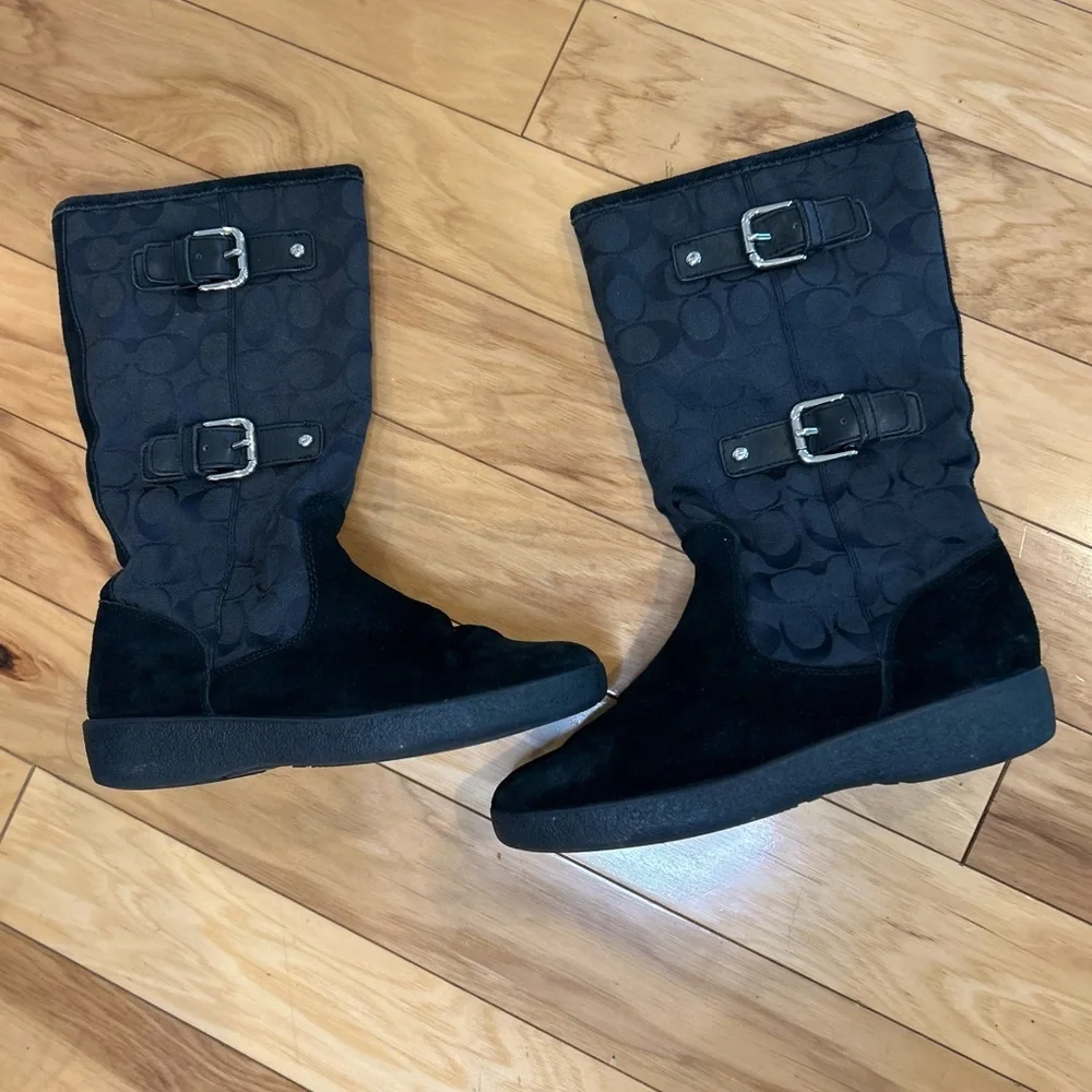 Coach Tinah Black Signature Suede Buckle Boots Mid-Calf Winter Lined 7B